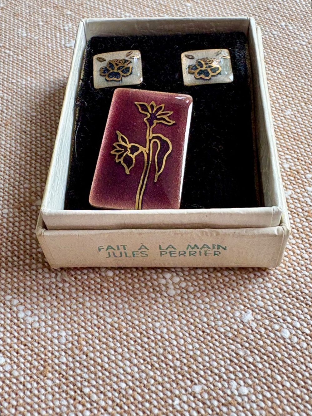 VTG Jules Perrier Enamel Jewelry Set Handmade Quebec MCM Floral Brooch Earrings